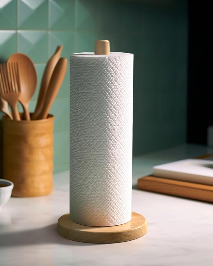 KitchLife Wooden Paper Towel Holder Countertop, Fits Jumbo Roll - Solid Beechwood Paper Towel Dispenser Stand with Wide Anti-Skid Base
