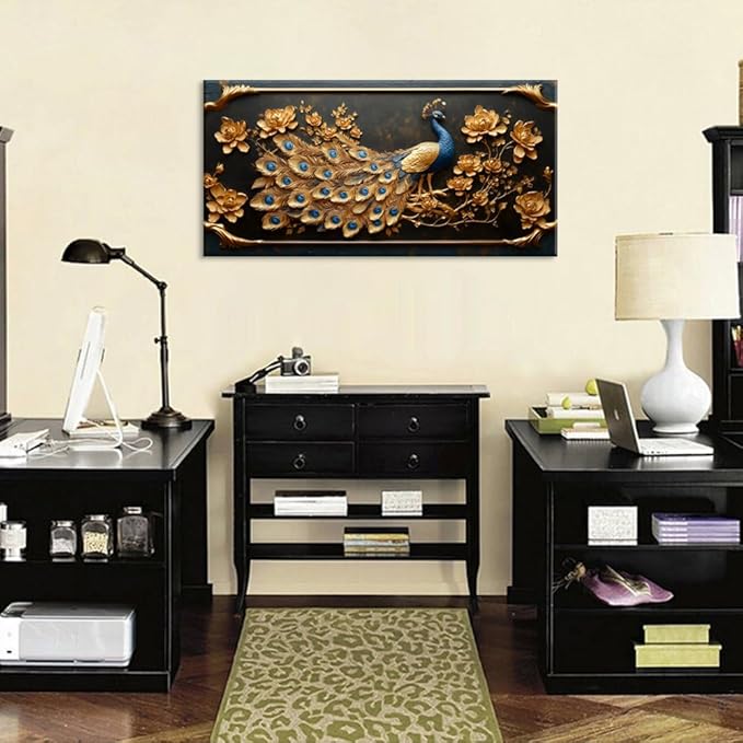 ZESTRILIA Pretty Peacock Wall Art for Living Room Office Gold Country Rustic Retro Asian Canvas Painting Prints Golden Vintage Elegant Peackock Artwork Dining Bedroom Decor (40x20 Inches)