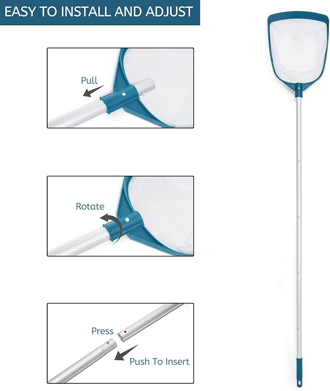 POOLWHALE Upgrades Swimming Pool Leaf Net Skimmer Rake with Adjustable Aluminum Pole and Nylon Medium Fine Mesh for Cleaning Swimming Pools, Hot Tubs, Spas and Fountains