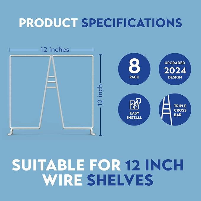 Tall White Wire Shelf Dividers for Closet Organization – Sturdy and Easy Set-Up Closet Shelf Dividers with Bonus Rose Gold Hanger (12, 12" x 12" Standard)