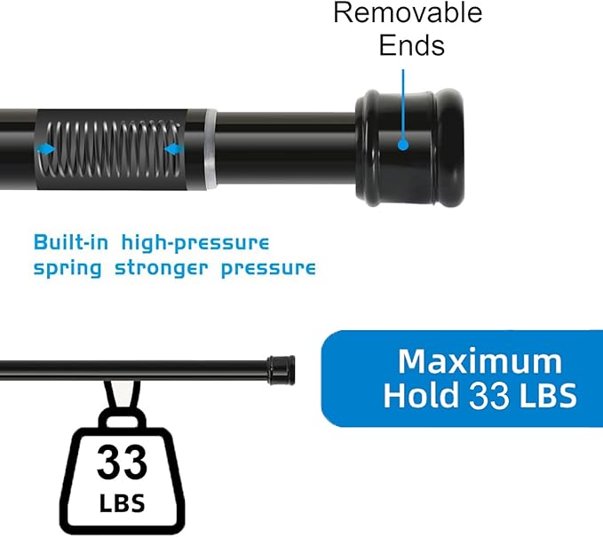 2 Pack No Sectional Assembly Shower Curtain Rod 28-48 Inch, 1" Diameter Spring Long Adjustable Tension Curtain Rods for Bathroom Windows Closet No Drilling No Rust, Black