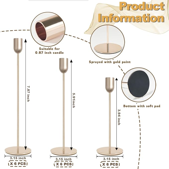 18 PCE Glod Candle Holders Set, Vintage Taper & Pillar Candle Sticks for Wedding, Dining Table, Fireplace Mantel, Elegant Home Decor, Housewarming Gift, Festive Centerpiece