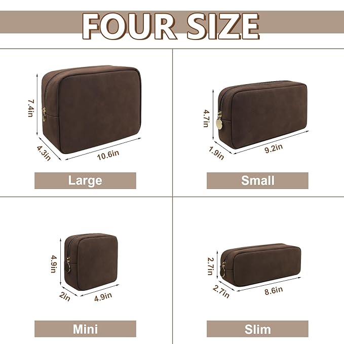 Waterproof Small Makeup Bag for Purse, Cute Pouch Preppy Suede Makeup Brush Holder with Zipper, Girls Teens Portable Storage Case Small Travel Toiletry Bag for Office (Slim-Coffee)