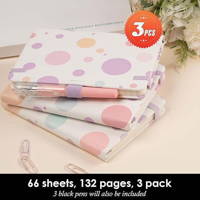 Small Journal Pocket Notebook with Pen, 3 Pack Cute Mini Notebook for Girls/Kids/Women, (Color Bubbles) 3.7" x 5.7", 100GSM Lined Paper, Aesthetic Hardcover Leather Cover Note Pad