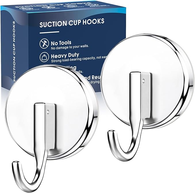 Suction Cup Hooks for Shower, Shower Hooks Mounting on Glass Doors, Tile, Mirrors, Metals,Hook for Hanging Towels, Robe, Loofah, Jackets-Chrome(2 Pack)