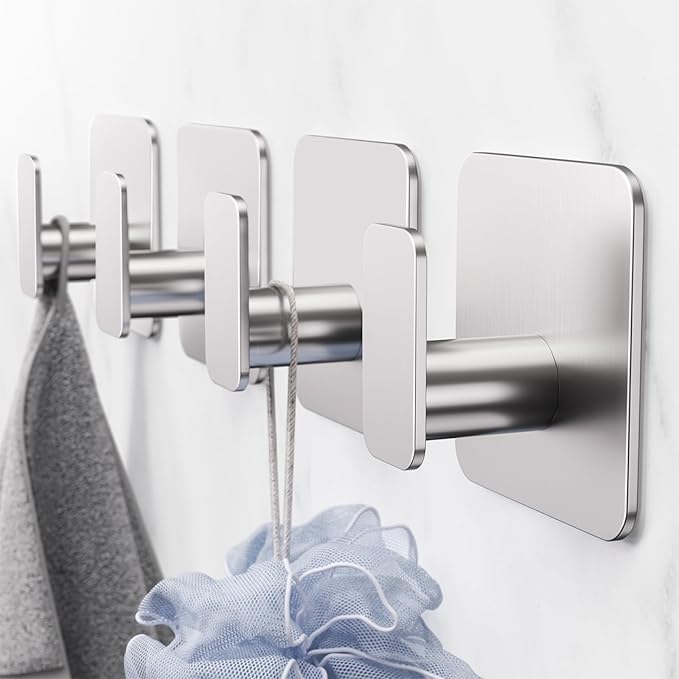 Silver Hooks for Hanging Heavy Duty, Adhesive Hooks for Shower, Bathroom, Kitchen, Robe, Towel, Coat, Waterproof & Rustproof Hook for Walls No Damage, Sticky Wall Towel Hooks - 4 Pack