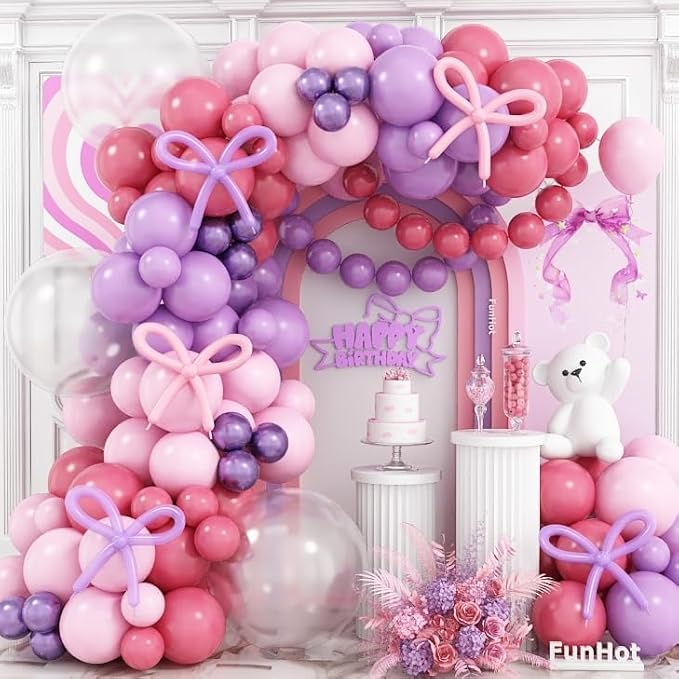Pink and Purple Balloon Garland Arch Kit, 120Pcs Purple Light Pink Bow Balloons in 8/12/5 Inch Different Sizes for Girl Women Bridal Wedding Birthday Baby Shower Party Decoration