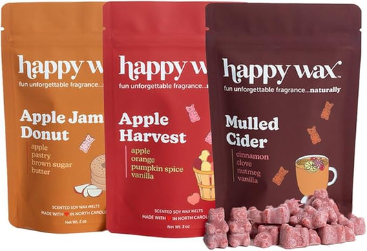 Happy Wax Fall Apple Mix Premium Scented Natural, Non Toxic Soy Wax Melts – 6 Total Oz. of Scented Wax Melts. Includes: Apple Jam Donut, Apple Harvest, Mulled Cider