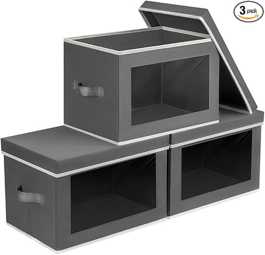 Storage Bins with Lids - Fabric Storage Boxes with Lids, Collapsible Storage Bins with Window, Decorative Closet Organizers and Storage for Clothes, Towels, Books, 3 Pack, Dark Grey
