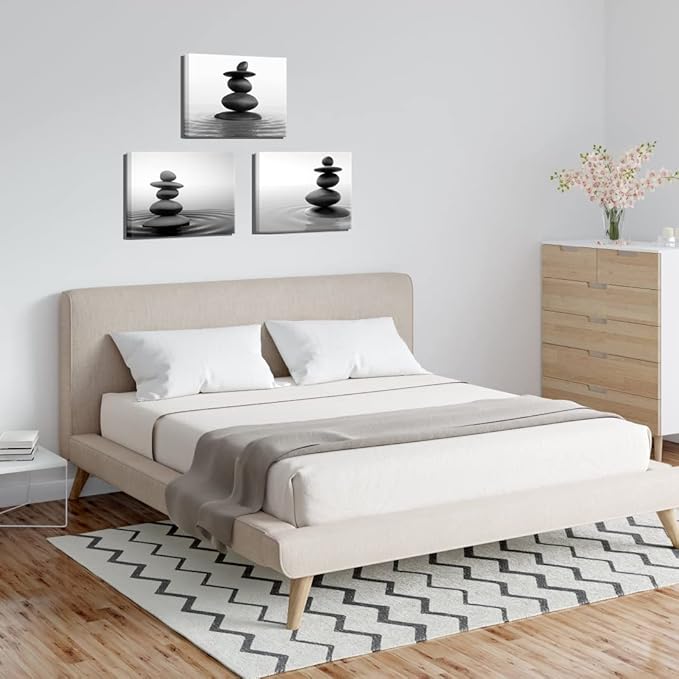 Apicoture Zen Stone Wall Art - Black and White Zen Stones Poster Canvas Wall Decor for Spa Room Bathroom Home Decorations 12"X 16"X 3 Pieces
