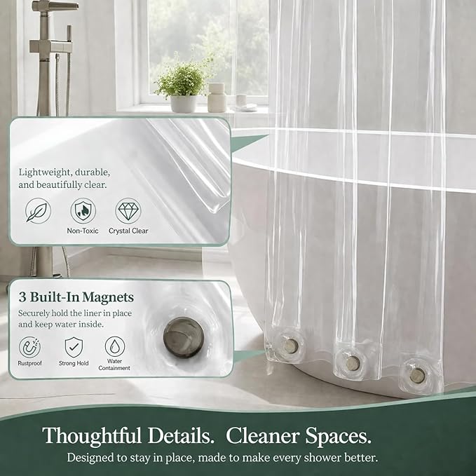EHZNZIE Crystal Clear Shower Curtain Liner 60x72, PEVA Waterproof Bath Curtain, No Chemical Smell, 3 Weighted Magnets, Durable with Rustproof Metal Grommets
