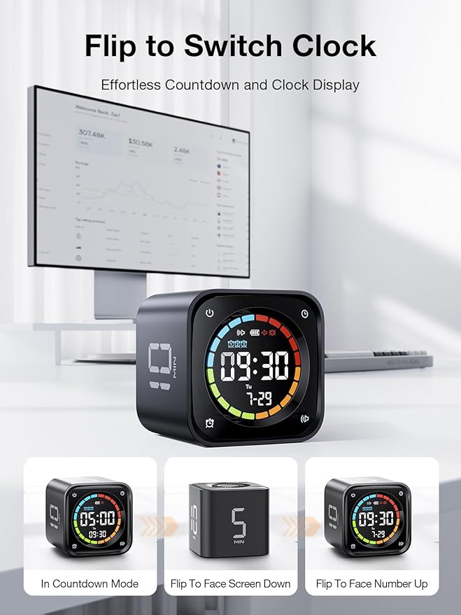 TK3 Pomodoro Timer Cube, Desk Productivity Timer with 5/10/30/60 Min Presets, Custom Countdown, Stopwatch, Clock, 3 Alarm, Silent, Vibrate & Sound Alert, for Task, ADHD, Study, Kitchen, Black