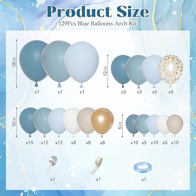 Ouddy Party Dusty Blue Balloons Arch Garland Kit, Different Sizes 18 12 10 5 Inch Dusty Blue Sand White Baby Blue Latex Metallic Confetti Balloon for Baby Boy Shower Wedding Birthday Party Decorations
