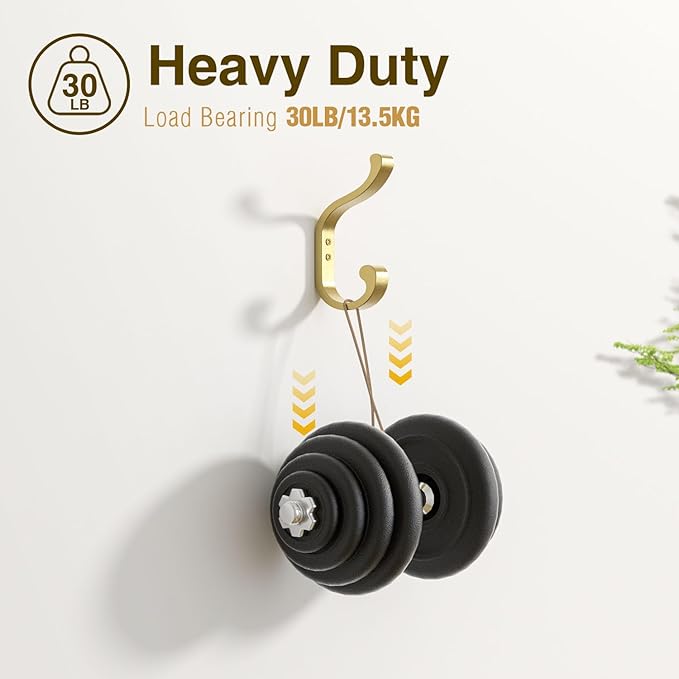 Gold Wall Hooks for Hanging Coats: Metal Mount - Large Heavy Duty (30 Lb) - Screw-In - Mudroom for Clothes, Backpack, Purse, Bathroom Towel, 6 Pack