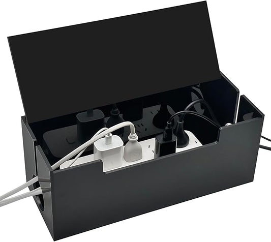 Cable Management Box, 2 Open Slots Cords Hider Box, Under Desk Power Strip Organizer and Floor Cables Storage, Black
