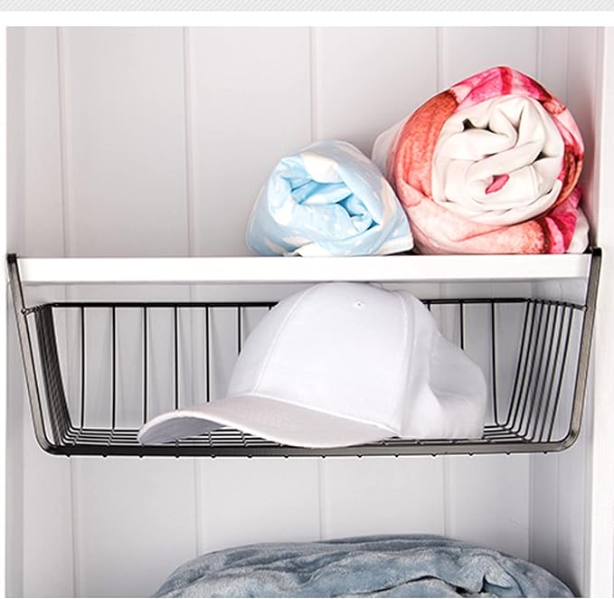 ELEATTRUN Undershelf Storage Basket Under Shelf Wire Basket Household Metal Under Shelf Hanging Storage Bin Basket Slides Under Shelves for Storage Space Saving for Kitchen Pantry Bookshelf 4 PCS