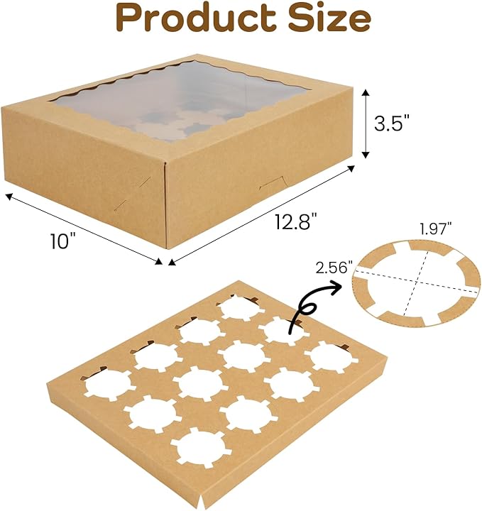 Tcoivs 6-Set Cupcake Boxes Hold 12 Standard Cupcakes, Auto-Popup Cupcake Containers with Windows and Inserts, Food Grade Kraft Cupcake Carrier and Cupcake Holders (Brown)