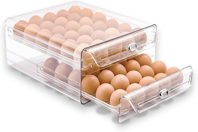 MFBJXC Egg Holder for Refrigerator,60 Eggs Clear Drawer Organizer,2 Layer Stackable Egg Holder Egg Trays,Egg Storage Container with Time Scale for Fridge Countertop Cabinet