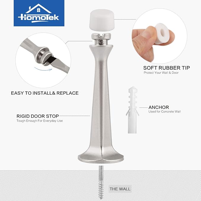 HOMOTEK 8 Pack Heavy Duty Solid Rigid Door Stop with Soft Rubber Tip, Zinc Die Cast Door Stopper Protect Wall & Door, Satin Nickel