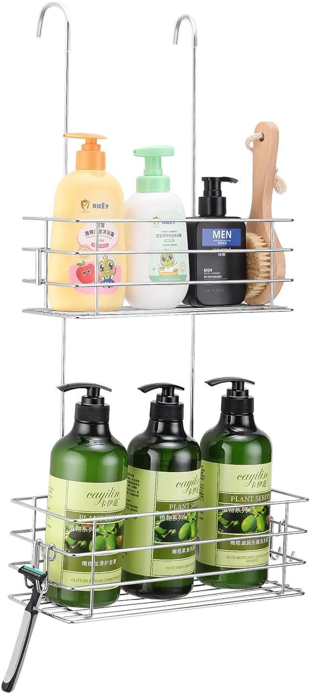 Hanging Shower Rack Shower Caddy with Rotatable Hook Bar, Over-the-Door and Can Be Hung on the Faucet or Claw Foot, 304 Stainless Steel Rust-Proof and Durable (Double-Layer)