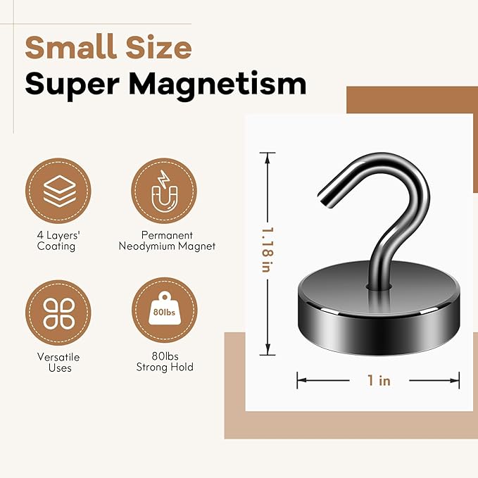 Neosmuk Magnetic Hooks, Cruise Ship Essentials, 80lb+ Heavy Duty Magnetic Hooks for Cruise Cabins, Refrigerator, Grill, Hanging, and Travel | Extra Strong Must-Haves Magnet Hook,Gunmetal, 5 Pack