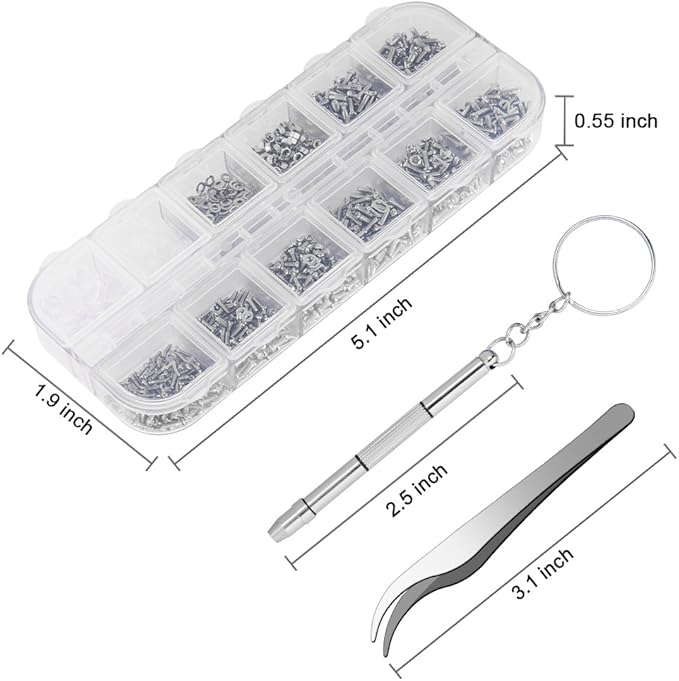 1100Pcs Eyeglasses Repair Kit, Tiny Sunglasses Screws, Glasses Screws and 5 Pairs Nose Pads with Micro Screwdriver Tweezer for Watch Clock Spectacle Eye Glass Repair