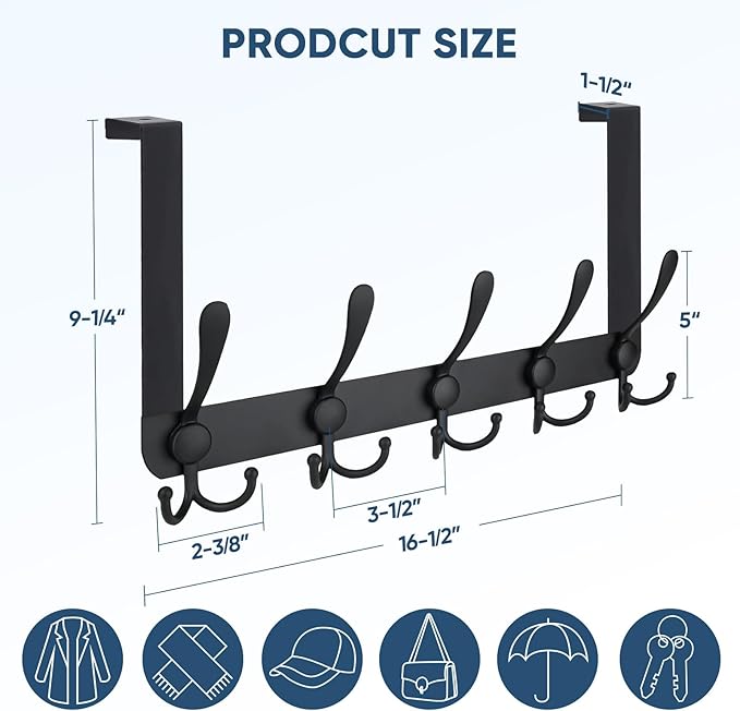 TICONN Over The Door Hooks, 5 Heavy Duty Tri Coat Rack All Metal Coat Hanger for Bathroom Bedroom Dorm (Matte Black, 2PK, Fit 1-3/8" Doors)