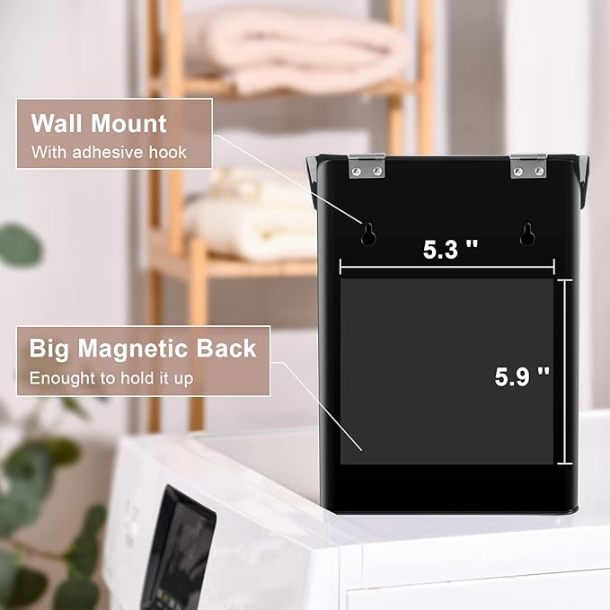 SUBEKYU Metal Magnetic Lint Bin for Laundry Room, Wall Mounted Lint Box Holder Trash Can with Lid for Dryer, Black