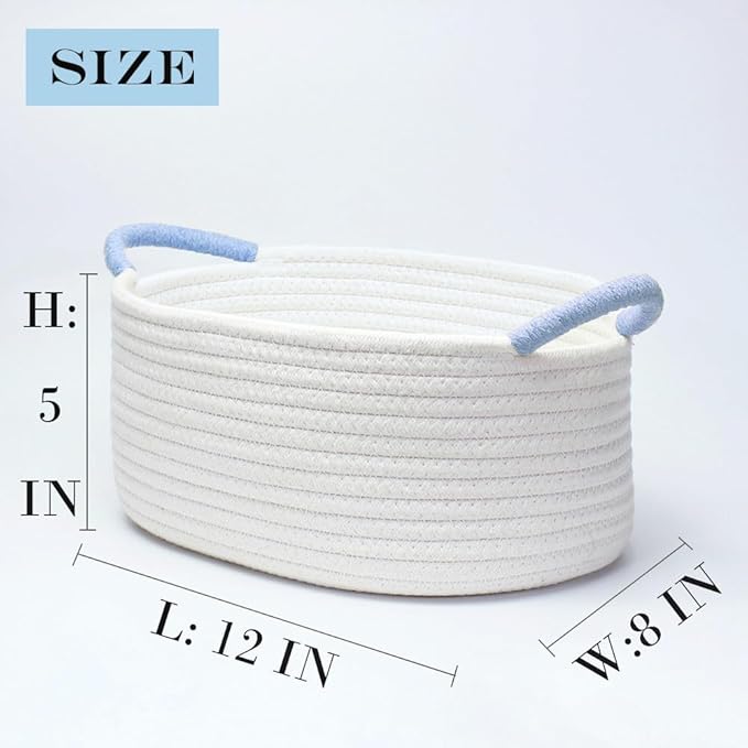 Yimi's Dream Basket for Gifts, Small Cute Shelf Baskets for Babies, Wedding, Birthday, White Rope Baskets with Blue Handle for Home Decor (Oval, 12"x 8"x 5")