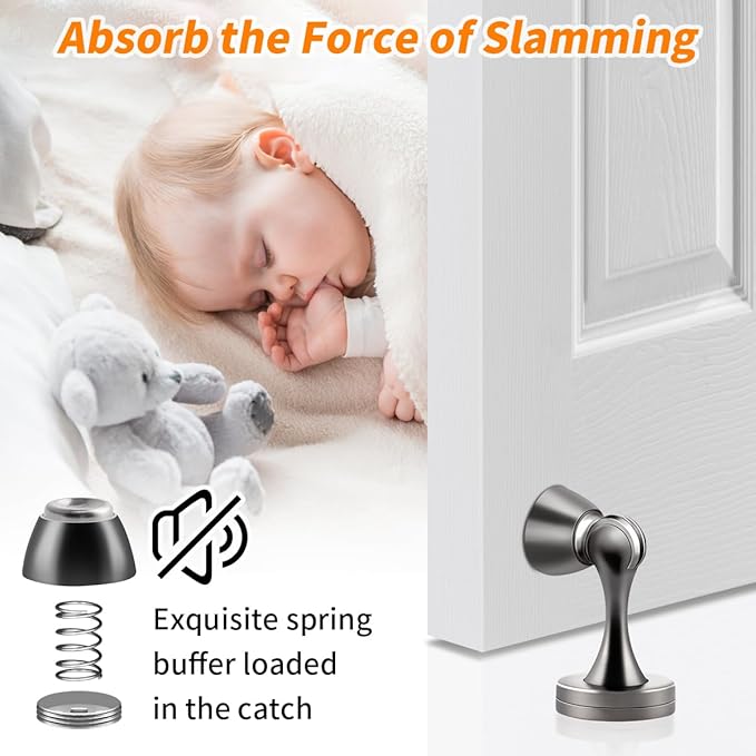 KOLAKO Door Stops, Magnetic Door Stoppers for Bottom of Door, Brushed Stainless, Heavy Duty Magnet Door Stop Floor Wall Mount Soft Catch Door Holder Magnetic Doorstop with Screw, 2 Pack