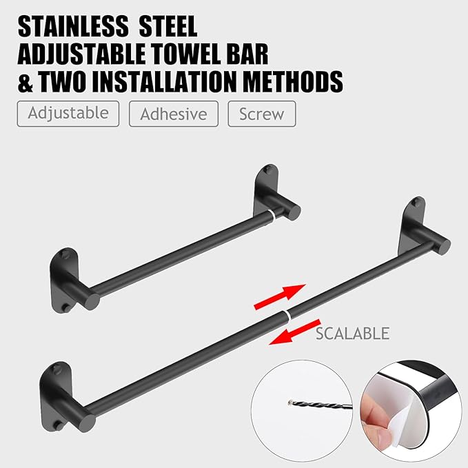MIROAMZ Towel Bar, Adjustable 14.4inch - 25.2inch Towel Rack, Self Adhesive Wall Mounted for Bathroom Kitchen Hand Towel Holder Cloths Hanger 304 Stainless Steel Organizer Single Bar (1, Matte Black)