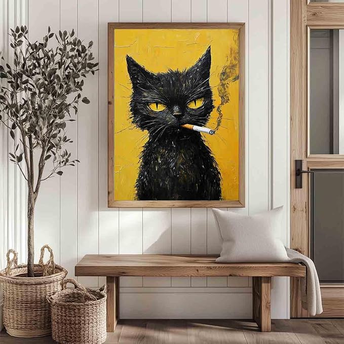 Black Cat Canvas Wall Art Smoking Cat Picture Abstract Animals Prints Vintage Cats Poster Retro Animal Prints Animal Portrait Painting Funny Cats Posters Funky Living Room Decor 16x24inch No Frame