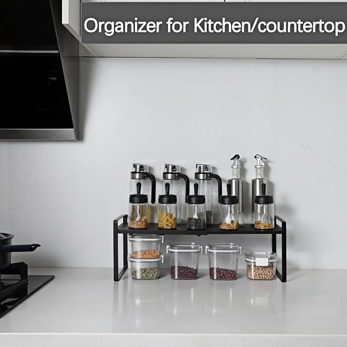 Expandable Cabinet Shelf Organizer Riser for Kitchen Pantry Cupboard Under Sink Countertop (Black, 8.2"D * 12.2-21.6"W * 7.7"H)