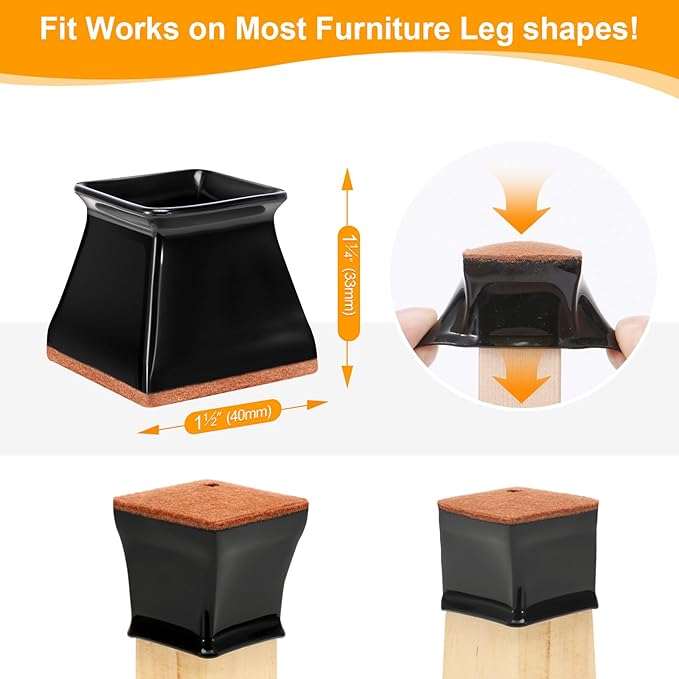 CHUNZEXI 16 Pack Square Chair Leg Floor Protectors for Hardwood Floors, Silicone Felt Covers Pads Caps, Protect Wood Furniture Feet, Floors, Reduce Noise and Scratches (Square Large & Black)