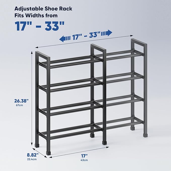 Abiglifty 4-Tier Expandable Shoe Rack,17"-33" Adjustable Shoe Rack for Closet,Metal Shoes Shelves for Front Door Entrance, Garage & Corridor, Free Standing Shoe Holders, Easy to Assemble,Black