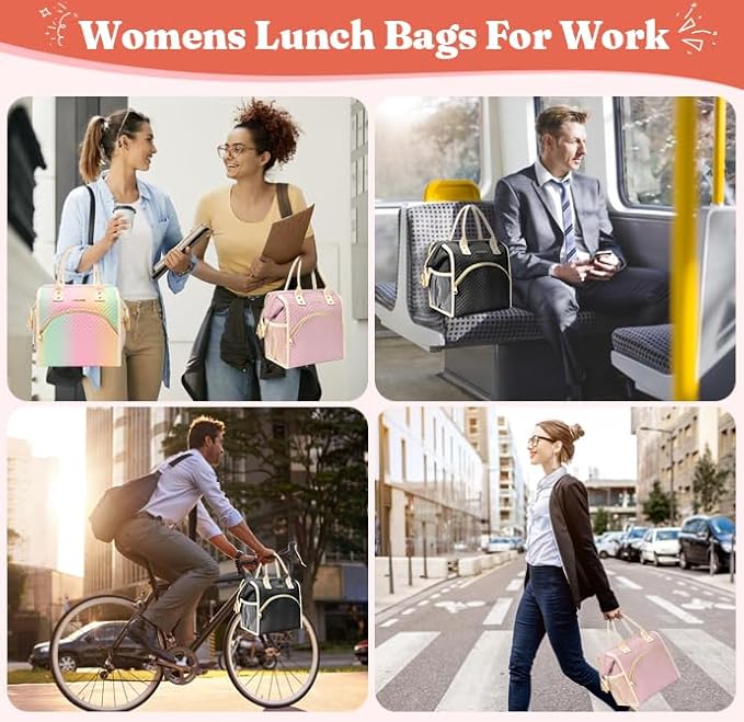 Lunch Bag Women Insulated Lunch Box Wide-Open Lunch Tote Bag Large Drinks Holder Durable Nylon Thermal Snacks Organizer for Men Adults Work Picnic Hiking Beach Fishing, Pink Wavy