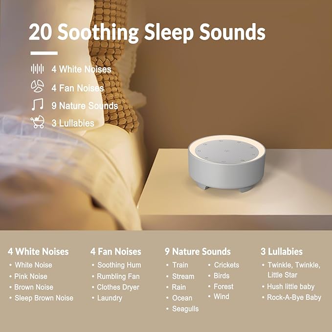 Kipcush Sound Machine & Night Light for Adults, Baby, Kids. White Noise Machine with 20 Soothing Sleep Sounds. Small Size & Portable Design for Bedroom (Gray, Small)