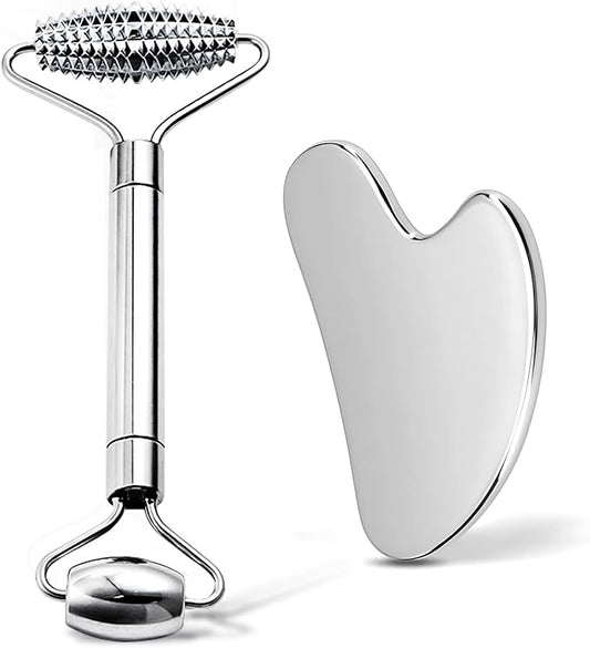 Gua Sha & Face Roller, Stainless Steel Gua Sha Facial Tools for Face, Eyes,Chin & Jawline Sculpting,Body Gua Sha Tools with Pouch