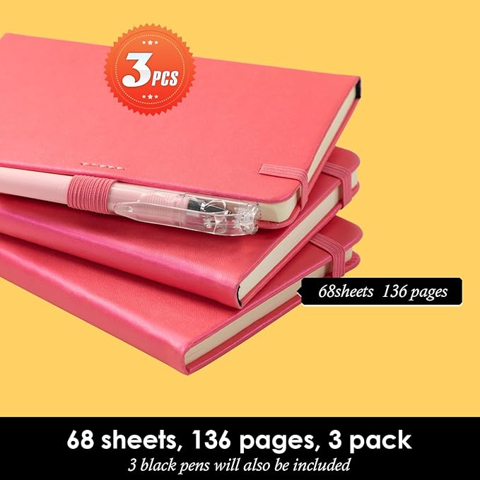 3 Pack Small Journal Notebook with Pen, Mini Pocket Leather Notepad Notebook 3.7" x 5.7" with 408 Pages, Ribbon Bookmark, Pearlescent Pink
