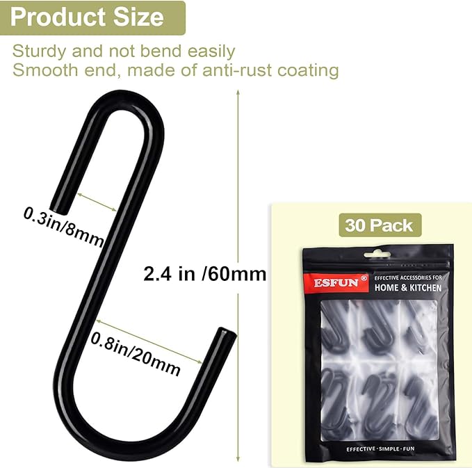 ESFUN 30 Pack 2.4 inches S Hooks for Hanging on Wire Shelves, Black S Shaped Hanging Hooks Hangers Pan Holder Pot Wire Rack Hooks for Kitchenware Spoons Pans Pots Utensils Jeans Bags Towels Plants,