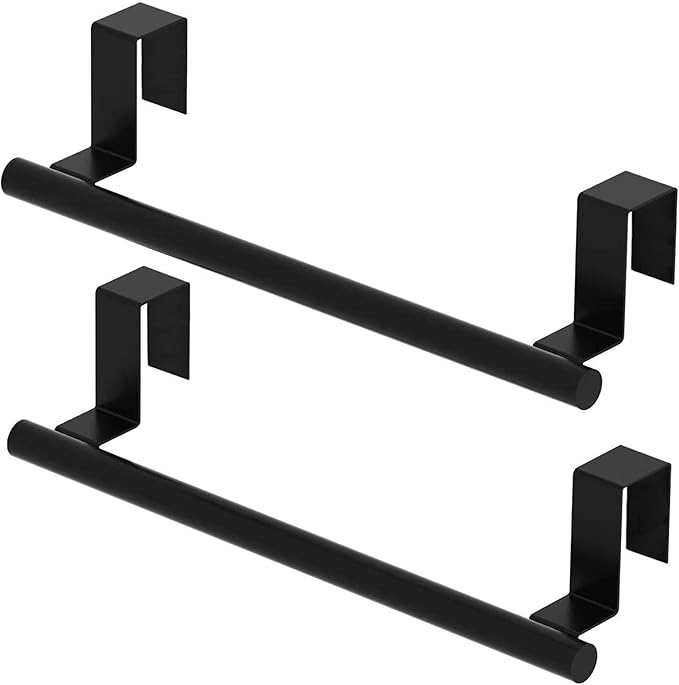 Qflushor Cabinet Door Towel Holder, Over Cabinet Towel Bar, Stainless Steel Dish Towel Holder for Cabinet Door Kicthen Towel Rack, Matte Black 2 Pack