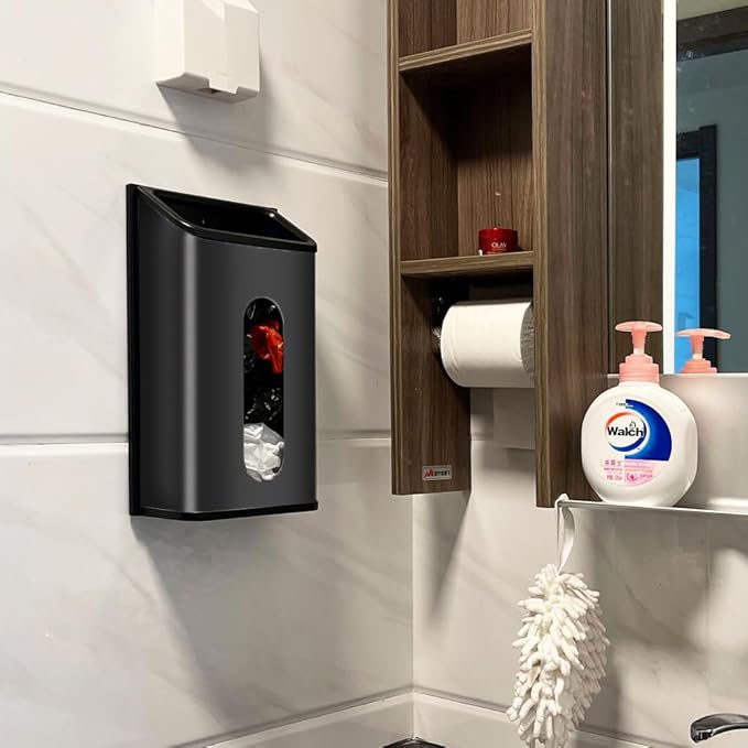 Plastic Bags Holder Grocery Dispenser for Kitchen Trash Bag Storage with Stainless Steel Front, Wall Mounted with Extra Wide Easy Access Openings (Black)