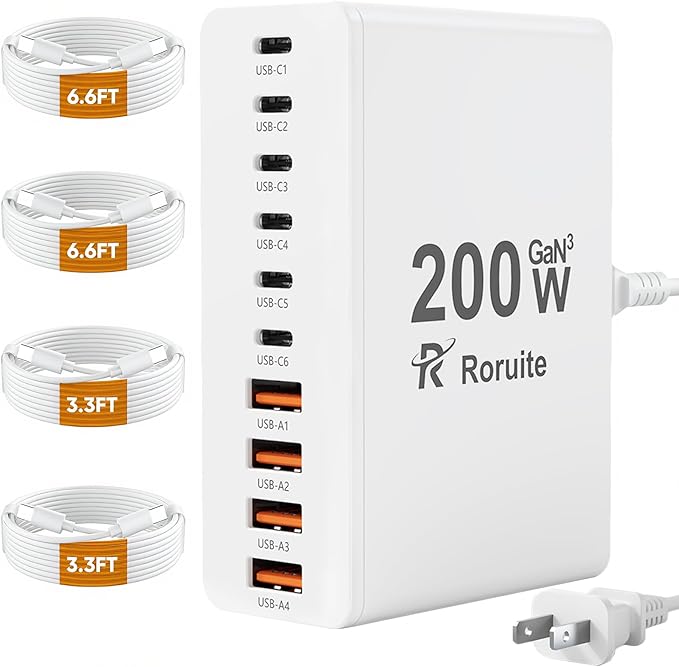 USB C Charging Station 10 Port with 4 USB Cables, 200W GaN Type C Charger Block, Wall Charger Power Strip Adapter Plug for iPad iPhone17 16 15 14 13 12 Pro Max Pixel Note Galaxy