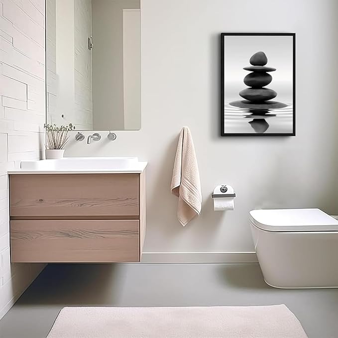 DCMVJHZV Framed Black and White Bathroom Wall Art Zen Stones in the water Bathroom Wall Art Yoga Meditation Picture Wall Decor Spa Room Bedroom Living Room Wall Painting Print (12"x16")