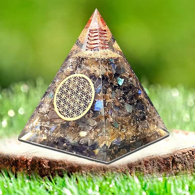 Orgone Pyramid Flower of Life Orgonite Money Healing Crystals Pyramid for Positive Energy (Labradorite)
