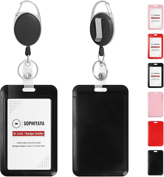 ID Badge Holder with Clip Badge Reels Retractable Heavy Duty Id Card with Carabiner Badge Reel with 24 inches Pull Cord for Office, School, Factory, Teacher (Black, Vertical)