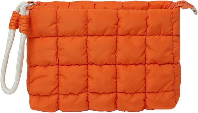 Puffy Quilted Makeup Bag Cosmetic Bag Equipped with a Detachable Handle Cute Zipper Pouch for Storage Clutch for Women(Orange)