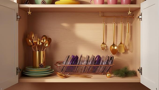 4Pack Stainless Steel Tumbler Cup Lid Organizer Inside Cabinet, Mason Jar Lid Holder, Rectangular Basket for Storage of Silverware, Chopsticks, straws and Utensils, Rosegold