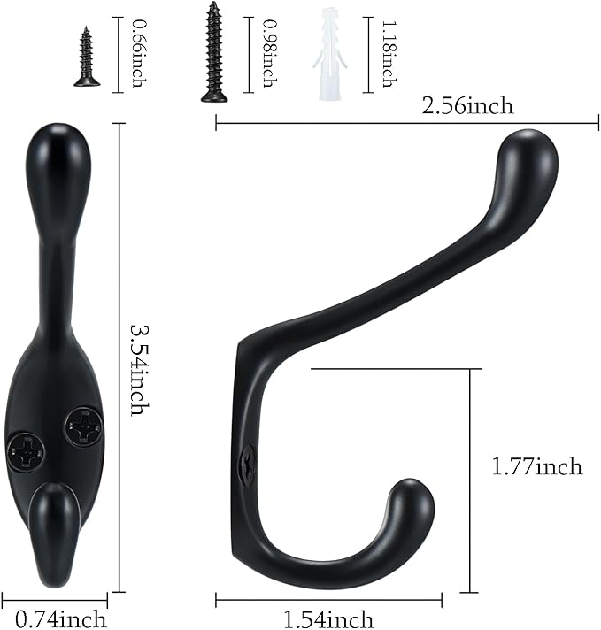 Jukzi Coat Hooks 5 Pack-Heavy Duty Wall Mounted Matte Black Door Hooks Double Prong Hooks for Hanging Clothes/Towels/Key-Suitable for Bedroom/Bathroom/Entryway and Replaced