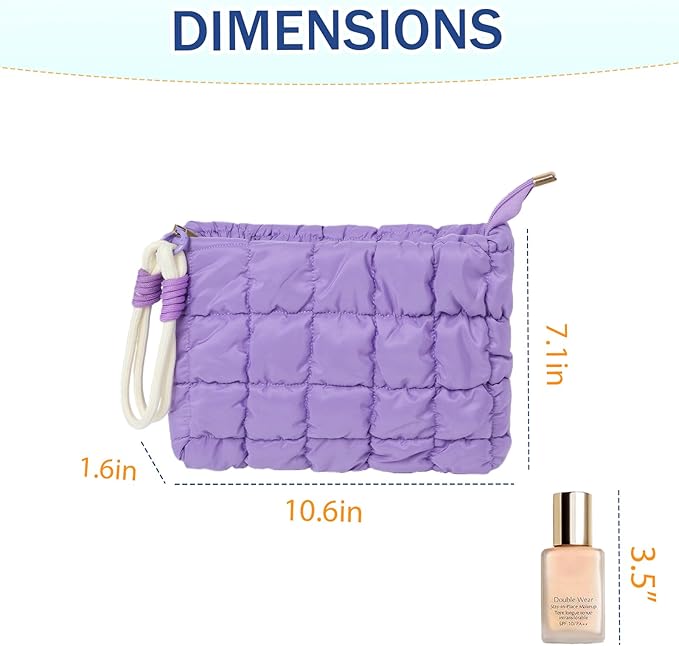 Puffy Quilted Makeup Bag Cosmetic Bag Equipped with a Detachable Handle Cute Zipper Pouch for Storage Clutch for Women(Purple)